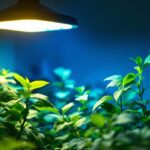 A photograph of a vibrant indoor garden illuminated by a high-quality led lamp
