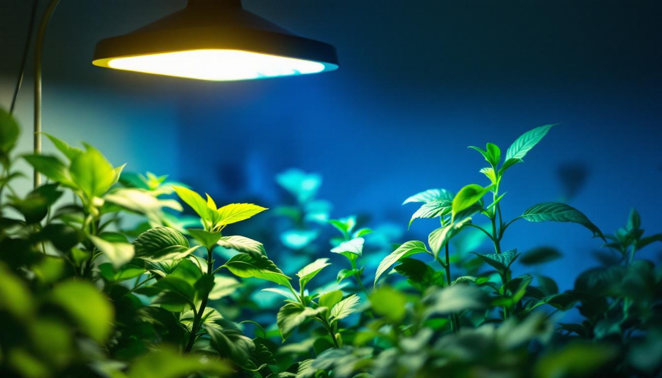 A photograph of a vibrant indoor garden illuminated by a high-quality led lamp