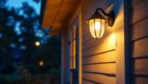 A photograph of a beautifully illuminated porch at dusk