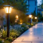 A photograph of a sleek solar led lamp post illuminating a well-landscaped outdoor space