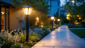 A photograph of a sleek solar led lamp post illuminating a well-landscaped outdoor space