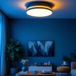 A photograph of a stylish modern semi-flush ceiling light installed in a contemporary living space