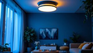 A photograph of a stylish modern semi-flush ceiling light installed in a contemporary living space