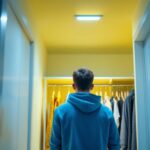 A photograph of a well-lit closet featuring sleek led light fixtures