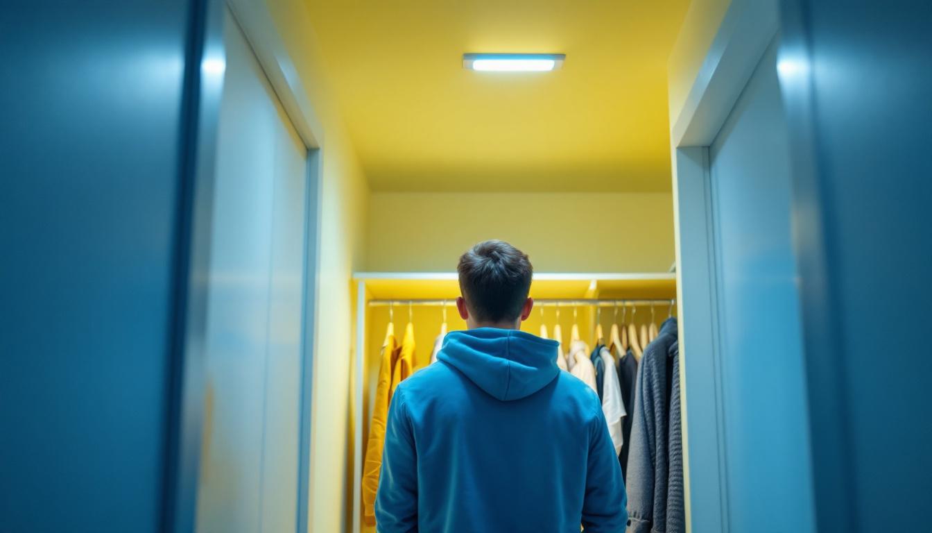 A photograph of a well-lit closet featuring sleek led light fixtures
