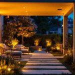 A photograph of a beautifully illuminated outdoor space featuring solar-powered accent lights
