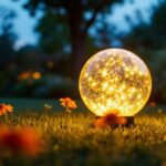 A photograph of a beautifully illuminated solar outdoor globe in a lush garden setting during twilight