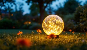 A photograph of a beautifully illuminated solar outdoor globe in a lush garden setting during twilight