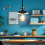 A photograph of a beautifully arranged industrial-style light fixture in a modern workspace