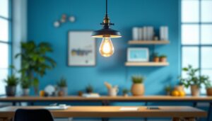 A photograph of a beautifully arranged industrial-style light fixture in a modern workspace