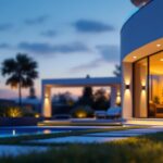 A photograph of a modern outdoor space illuminated by sleek