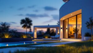 A photograph of a modern outdoor space illuminated by sleek