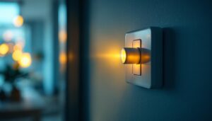 A photograph of a close-up of a dim light switch being adjusted in a stylishly lit room