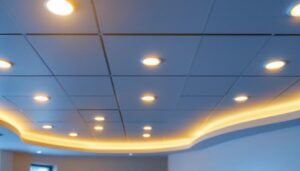 A photograph of a well-lit drop ceiling installation featuring recessed lighting