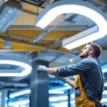A photograph of a lighting contractor expertly installing u-shaped fluorescent lights in a modern commercial space