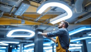 A photograph of a lighting contractor expertly installing u-shaped fluorescent lights in a modern commercial space