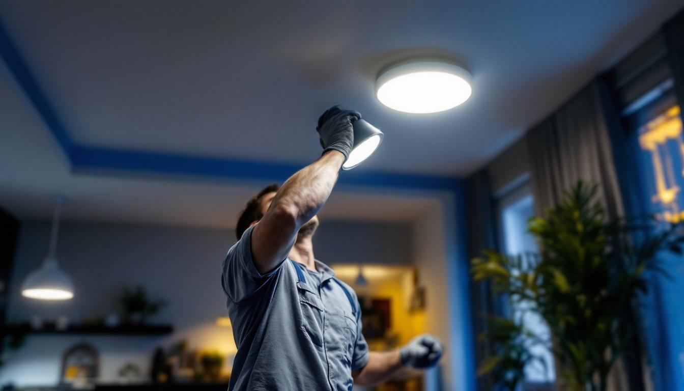 A photograph of a lighting contractor expertly installing recessed lights in a modern home setting