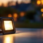 A photograph of a dusk-to-dawn flood light bulb illuminating a serene outdoor setting at twilight
