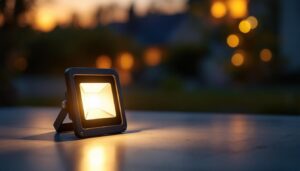 A photograph of a dusk-to-dawn flood light bulb illuminating a serene outdoor setting at twilight