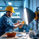 A photograph of a skilled lighting contractor working with a maxfan installation in a well-lit