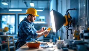 A photograph of a skilled lighting contractor working with a maxfan installation in a well-lit