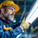 A photograph of a lighting contractor installing or showcasing 8-foot t12 led bulbs in a commercial or industrial setting