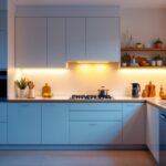 A photograph of a well-lit kitchen featuring sleek led under cabinet lighting