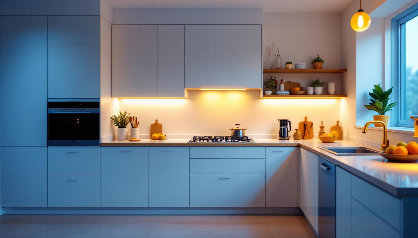 A photograph of a well-lit kitchen featuring sleek led under cabinet lighting