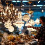 A photograph of a beautifully arranged display of clearance chandeliers in a well-lit showroom