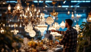 A photograph of a beautifully arranged display of clearance chandeliers in a well-lit showroom