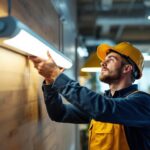 A photograph of a lighting contractor installing the t5 ballast 2 lamp in a commercial setting