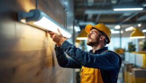 A photograph of a lighting contractor installing the t5 ballast 2 lamp in a commercial setting