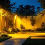 A photograph of a well-lit exterior space showcasing various flood light fixtures in use
