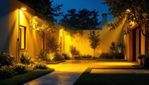 A photograph of a well-lit exterior space showcasing various flood light fixtures in use