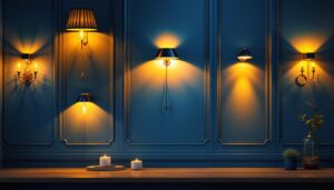 A photograph of a beautifully designed interior space featuring a variety of stylish wall light fixtures