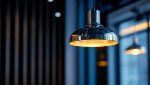 A photograph of a sleek stainless steel pendant lamp elegantly hanging in a modern interior setting