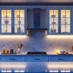 A photograph of a beautifully designed kitchen showcasing stylish led cabinet lights illuminating the interior of the cabinets
