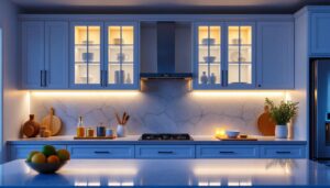 A photograph of a beautifully designed kitchen showcasing stylish led cabinet lights illuminating the interior of the cabinets