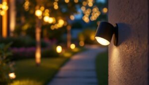 A photograph of a beautifully lit outdoor space featuring a motion detector light in action