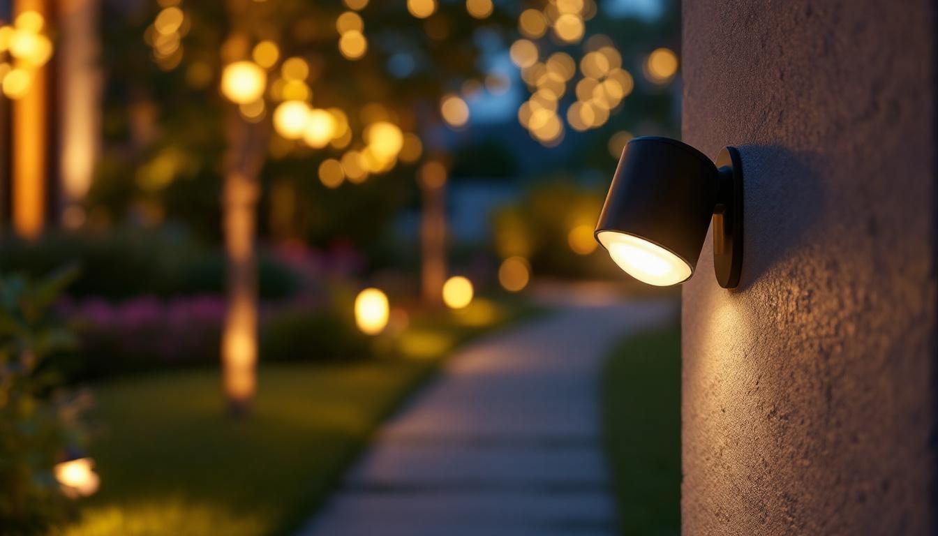 A photograph of a beautifully lit outdoor space featuring a motion detector light in action