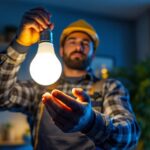 A photograph of a lighting contractor installing or showcasing shatter-proof light bulbs in a residential or commercial setting