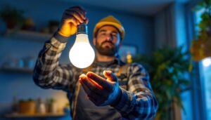 A photograph of a lighting contractor installing or showcasing shatter-proof light bulbs in a residential or commercial setting