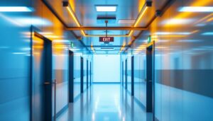 A photograph of a well-lit commercial space featuring modern exit signs and emergency lighting systems