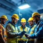 A photograph of a diverse team of workers collaborating outdoors under a well-lit gang box