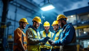 A photograph of a diverse team of workers collaborating outdoors under a well-lit gang box