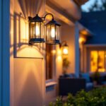 A photograph of a beautifully designed outdoor front porch light fixture installed on a charming porch