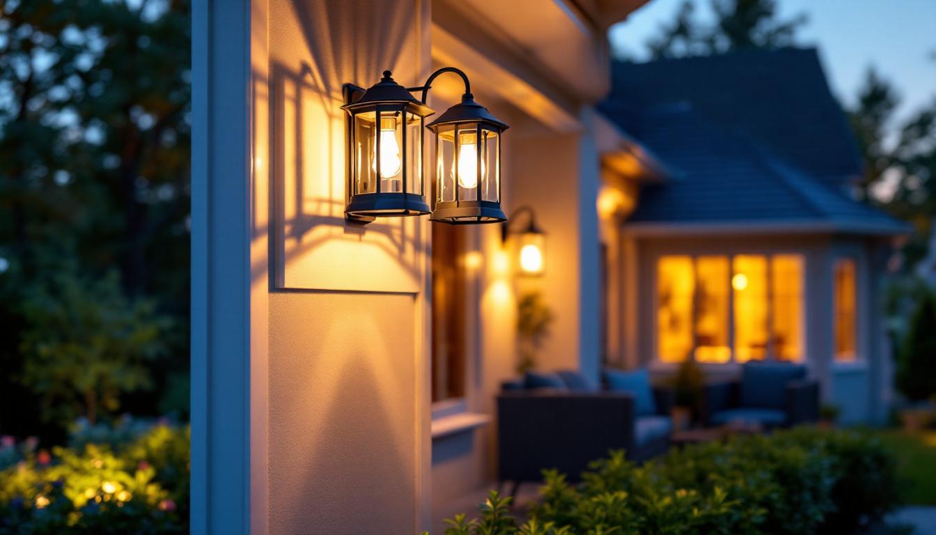 A photograph of a beautifully designed outdoor front porch light fixture installed on a charming porch