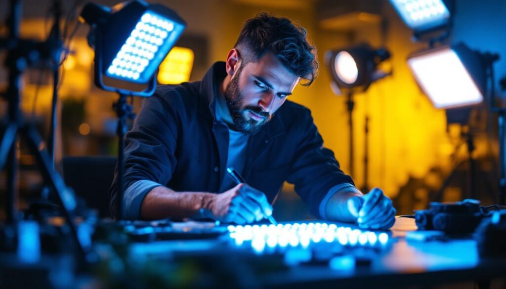 A photograph of a lighting professional in action