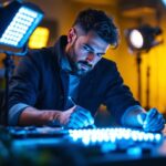 A photograph of a lighting professional in action