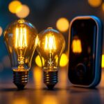 A photograph of a vintage light bulb alongside a modern smart lighting device